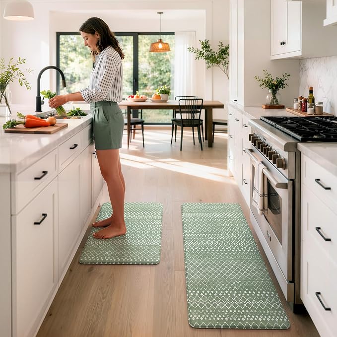 KIMODE Kitchen Anti Fatigue Mats, Green Farmhouse Kitchen Rugs Sets of 2, Memory Foam Kitchen Mats for Floor, Waterproof Standing Mat for Sink Laundry Office Desk 20"x47"+20"x32"
