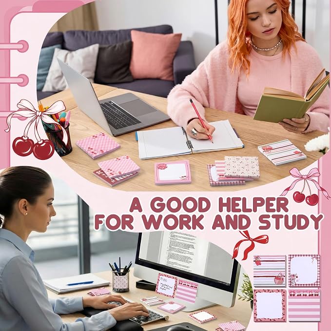 9 Pads Cherry Bow Sticky Notes 3x3 Inch Cute Self Stick Notepads Notes Adhesive Memo Pad Office Decor Gifts for Students School Teacher Meeting Office Supplies
