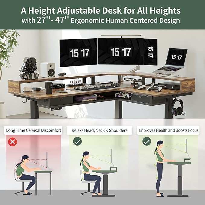 FEZIBO 63"x49" L Shaped Standing Desk with LED Strip & 2 Drawers, Upper and Lower Storage Shelves Available, Electric Height Adjustable, for Gaming, Office, Rustic Brown