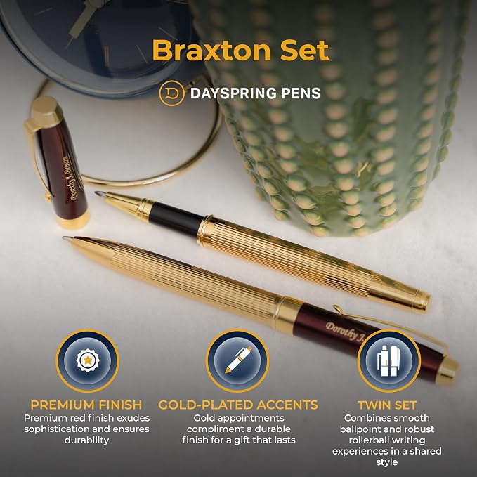 Braxton Engraved Ballpoint and Rollerball Set, Red Lacquer with 18K Gold, Parker G2 and Waterman Refill Compatible, Gift for Graduation, Career Advancement, Retirement, Gift Case Included