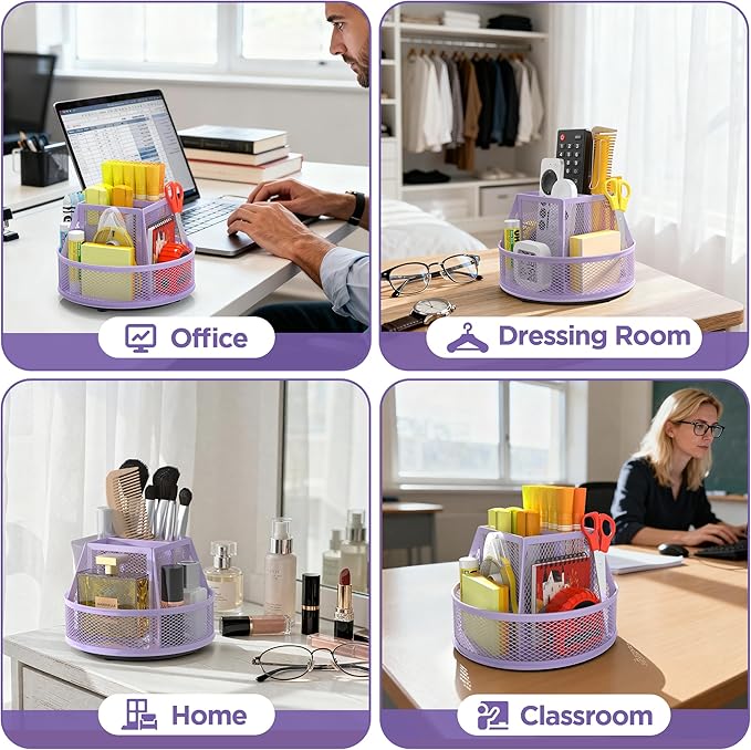 Docnest Mesh 360 Degree Rotating Pen Holder with 6 Compartment,Metal Pencil Cup Art Supply Storage Box Caddy,Teacher Stationery and Dorm Supplies Desk Organizer for Pencil,Sticky Note,Scissors-Purple