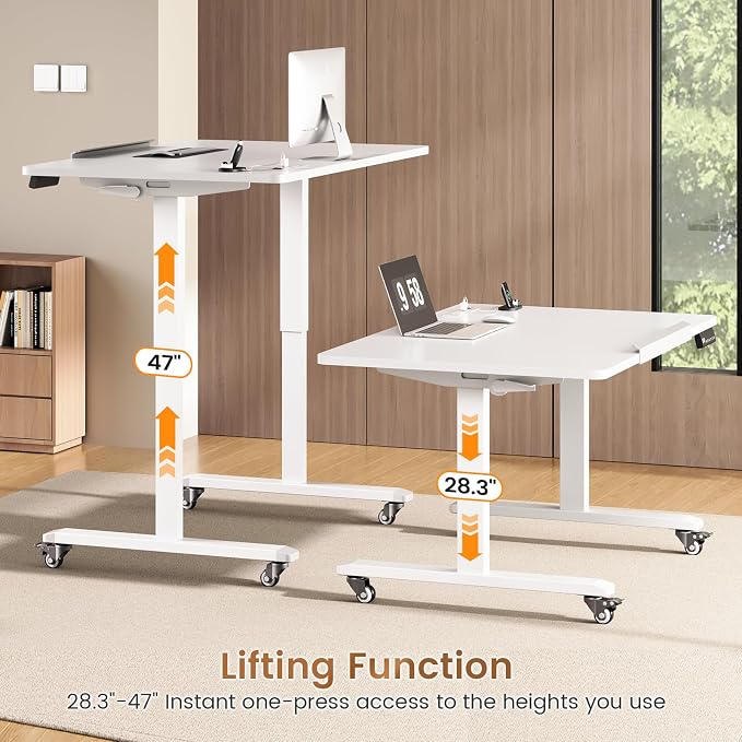 SEDETA 31.5 Inches Electric Standing Desk, 180° Tiltable Mobile Rising | Computer Desk Height Adjustable with Wheels for Drawing/Writing/Gaming/Study/Home Office/Small Space, White