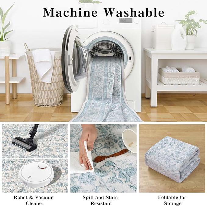5x7 Blue Washable Area Rugs for Living Room Non Slip Low Pile Vintage Boho Throw Rug Soft Retro Distressed Floral Carpet Indoor Farmhouse Decor for Bedroom Dining Room Office Kitchen Playroom