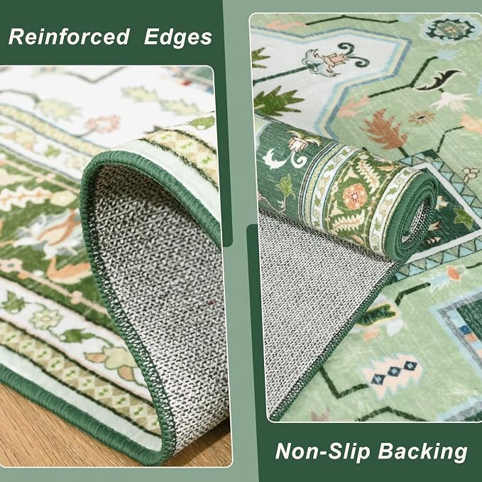 Macgace 5x7 Green White Area Rug for Living Room, Machine Washable Rugs with Non-Slip Backing for Bedroom, Vintage Medallion Carpet Dining Room Office Kids Room Decor