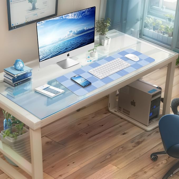 AFIING Light Blue Desk Mat 31.5" x 12", Waterproof PU Leather Desk Pad | Non-Slip Rubber Base, Easy Clean Surface, Desk Protection, Office & Home