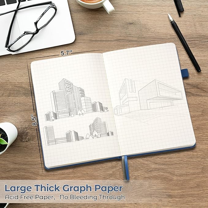 Graph Paper Notebook, 5 Pack Hardcover Notebook, Grid Notebook Journal for Women, Men, Large Leather Journals for Writing, Thick Paper, A5 Notebooks for Work, School Supplies, Engineering, 5.7"x8.5"