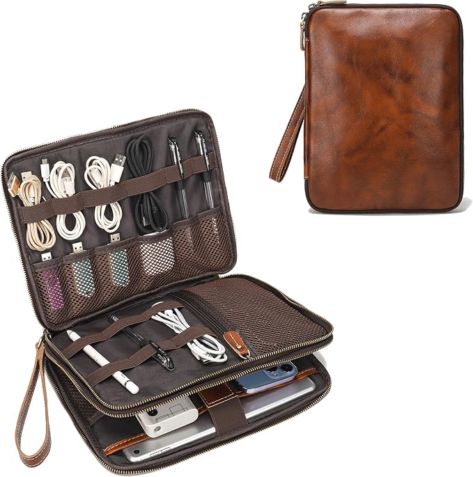 LANNSYNE Full Grain Leather Travel Cable Accessories Bag, Electronic Organizer Carry Case Double Layer Storage Case for Cables, Charger, Phone, Power Bank