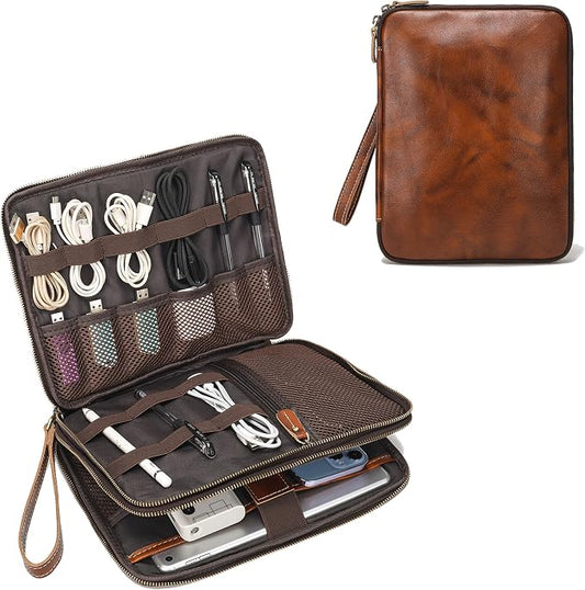 LANNSYNE Full Grain Leather Travel Cable Accessories Bag, Electronic Organizer Carry Case Double Layer Storage Case for Cables, Charger, Phone, Power Bank