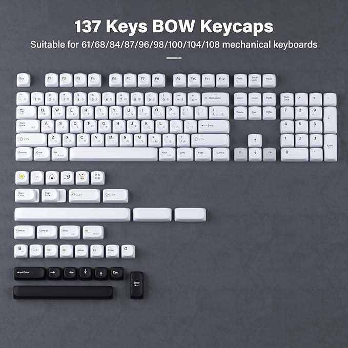 XVX PBT Keycaps - White Keycaps MOA Profile, Japanese Key caps 75 60 100 Percent, Dye-Sublimation, Custom 137 Keys Set for 100%, 75%, 65%, 60% Mechanical Keyboard, Bow