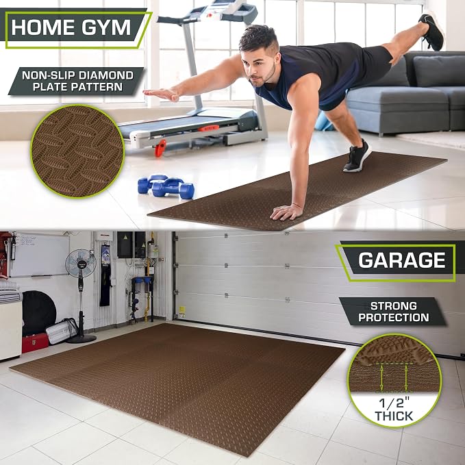 ProsourceFit Exercise Puzzle Mat 1/2-inch, EVA Interlocking Foam Floor Tiles for Home Gym, Workout Equipment, Kids Play Areas, Brown, 72 Sq Ft - 18 Tiles