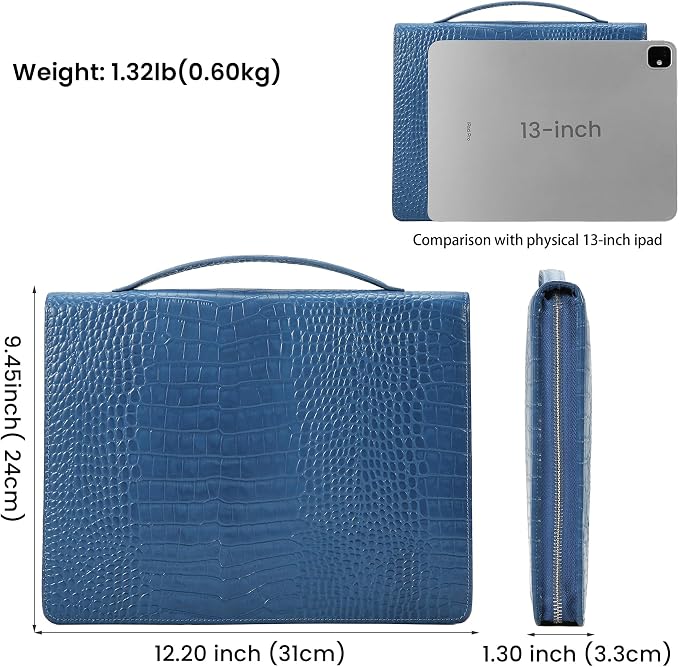 Croc-Embossed Leather Portfolio Binder with Handle, 13 inch Padfolio Holder, Professional Executive Resume Folder for Men & Women, Zippered Business Organizer, Navy Blue