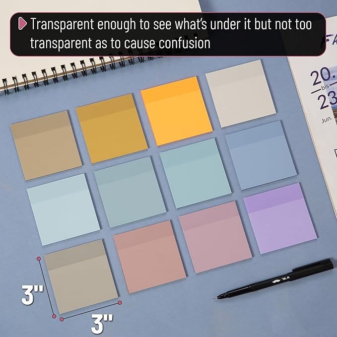 Mr. Pen- Transparent Sticky Notes, 3”x3”, Happy Harmony, 12 Pads, 600 Sheets, Bible Journaling Sticky Notes, See Through Sticky Notes, Translucent Sticky Notes, Stocky Notes for Bible Journaling
