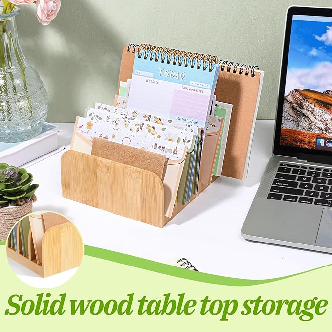 Bamboo Mail Desk Organizer, 5 Slots Bamboo File Mail Holder Organizer, Vertical Countertop Organizers Holder for Home, Office, Magazine, Book Envelope, Paper, Bill