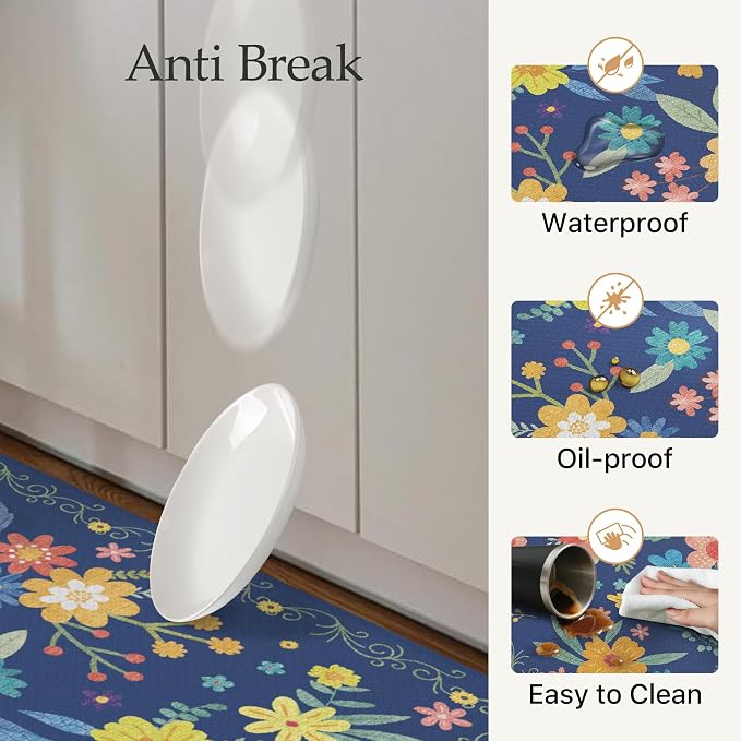 GENIMO Anti Fatigue Kitchen Mats for Floor 2PCS, Cushioned Standing Mats | 17.3"x47"&17.3"x30", Navy vintage floral rug set, waterproof, non slip, easy-clean for farmhouse