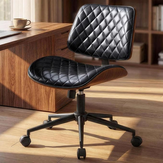 Furnimart Wooden Armless Desk Chair with Wheels, 360° Swivel Faux Leather Vanity Chair for Bedroom, Small Office Computer Task Chair for Home & Compact Spaces (PU Black)