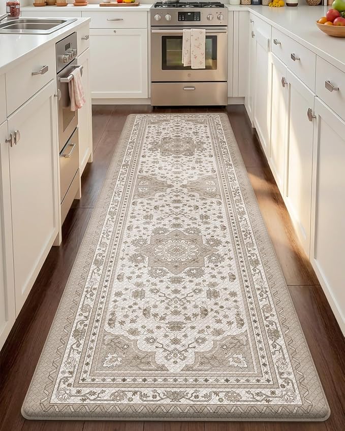 Color&Geometry Kitchen Floor Mat 24x87 Vintage Anti Fatigue, Beige | 0.4in Cushion Standing Mat For Cooking/Working/Laundry, Boho Decor, Non Slip PVC Kitchen Rug, Oil/Water Proof, Anti Slip
