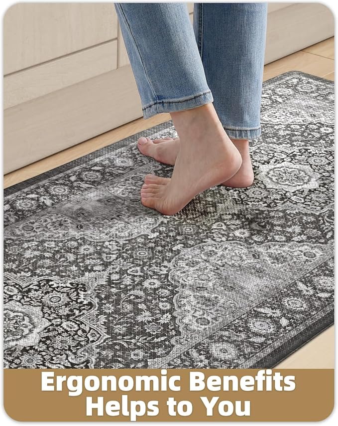 Color&Geometry Kitchen Floor Mat 24x87 Faded Vintage Anti Fatigue, Grey | 0.4in Cushion Standing Mat For Cooking/Working/Laundry, Boho Decor, Non Slip PVC Kitchen Rug, Oil/Water Proof, Anti Slip