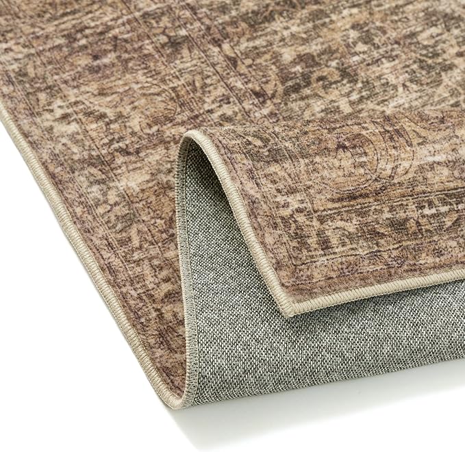 PureCozy Area Rug 9x12 Brown Machine Washable Non-Slip Vintage Low Plie Thin Living Room Bedroom Dining Room Distressed Carpet Indoor Large Home Office Retro Rug