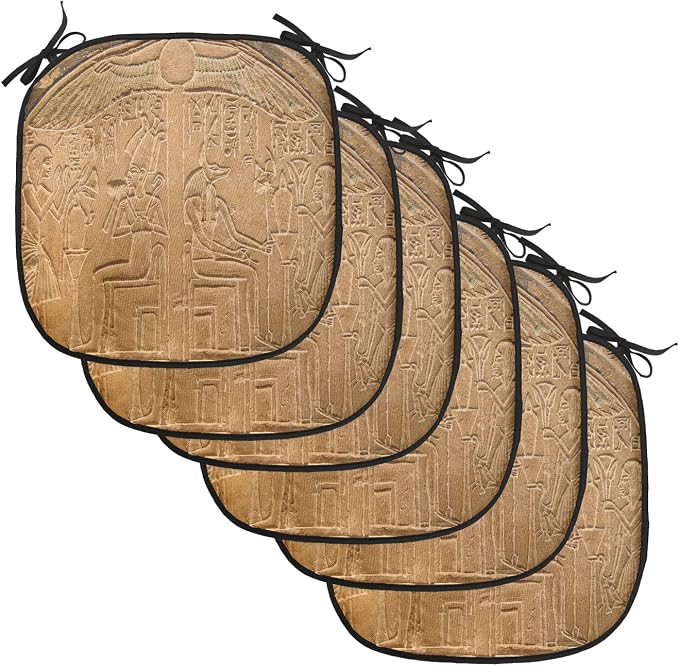 Lunarable Egyptian Print Chair Cushion Pads Set of 6, Egyptian Hieroglyphs on The Wall Stone Surface Scripts Arts Theme Image, Anti-Slip Seat Padding for Kitchen & Patio, 16"x16", Pale Brown