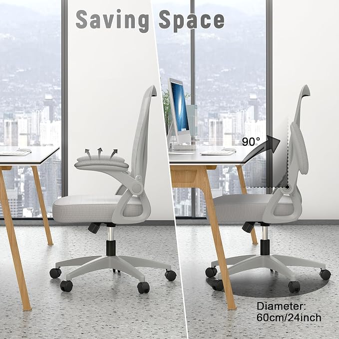 naspaluro Home Office Desk Chair Mid Back with Adjustable Height Grey | Comfy Ergonomic Chair with Flip-Up Arm and Lumbar Support, Breathable Mesh Swivel Computer Chair for Study Working Teacher