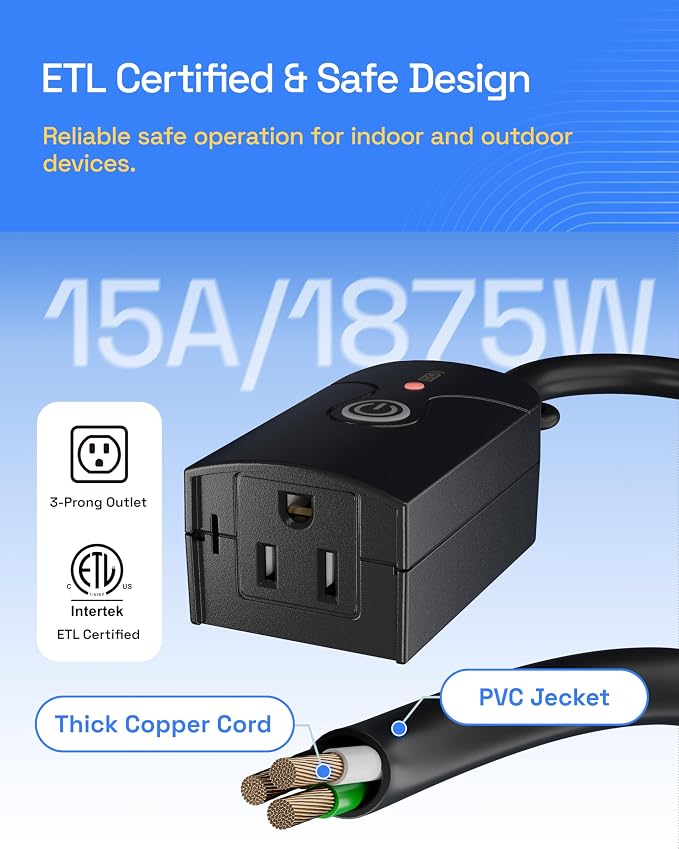 HBN Outdoor Indoor Wireless Remote Control 3-Prong Outlet Weatherproof Heavy Duty 15 A Compact 1 Remote 3 Outlets with Remote 6-inch Cord 100ft Range ETL Listed (Battery Included)