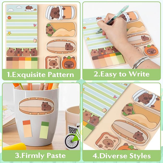 B1ykin Cute Sticky Notes Set - Don’t Worry Be Capy Capy Shaped Self-Stick Notes Pad, 550 Sheets Writing Memo Pages Sticky Notepad for Teacher Appreciation Gifts School Office (Funny Capy)