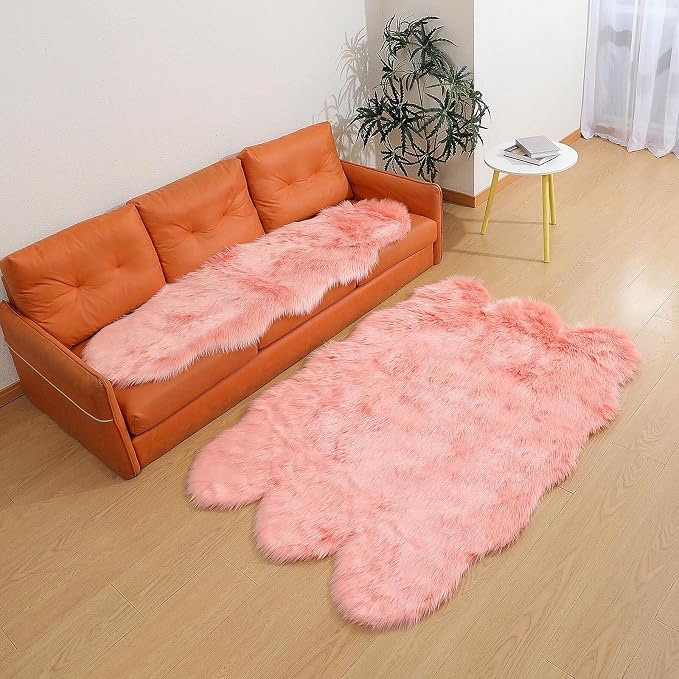 linmopm Faux Fur Sheepskin Rug, Pink, 2x6 ft Runner | Shag Fluffy Fuzzy, High-Density Cushion, For Bedroom Bedside Living Room, Plush Carpet