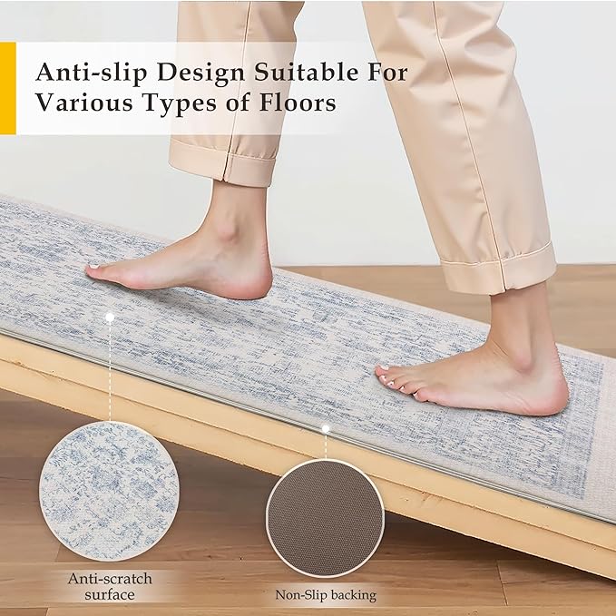 Kitchen Mats 2PCS Anti Fatigue Cushioned Mat Light Blue Vintage Kitchen Mats for Floor Waterproof Non Slip Comfort Standing Retro Floral Rug for Sink Laundry Office 17.3"x47"+17.3"x30"