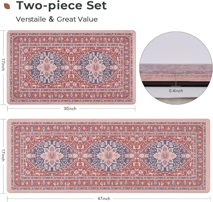 FRESHMINT Medallion Kitchen Mat Set 2 Piece, 17x30''+17x47'', Terracotta | Anti-Fatigue, Non Slip, Comfort, Kitchen Decor, Easy to Clean, Waterproof, Perfect for Kitchen, Laundry, Office