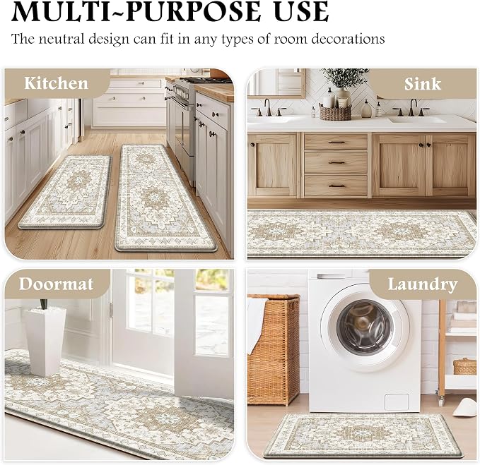 Boho Kitchen Mats for Floor 2 Piece Set Anti Fatigue Cushioned PVC Kitchen Rugs Non Slip Waterproof Farmhouse Mats 2/5 Inch Comfort Standing Mat for Sink, Laundry, 23.6"x39"+23.6"x59", Beige Tan