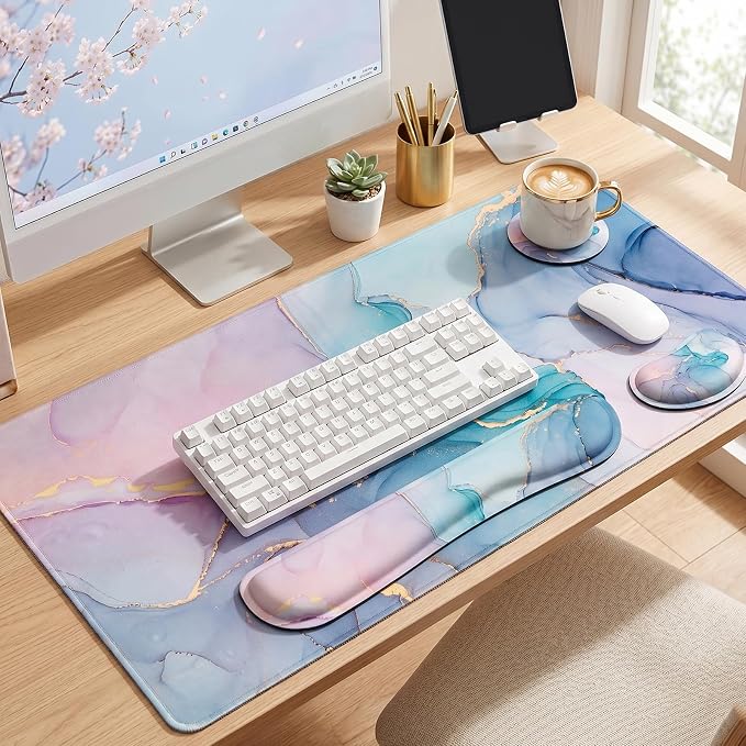 Lateefah Desk Mat, Extended Mouse Pad with Wrist Rest, 4-in-1 Large Mouse Pads for Desk, Keyboard Pad and Keyboard Wrist Rest Gaming Keyboard Mat for Office, Home