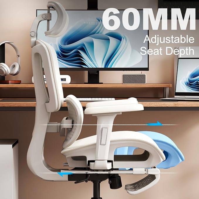 Vonesse Ergonomic Office Chair,Desk Chair with Adjustable 3D Headrest and Armrests, Gaming Chair with Dynamic Lumbar Support & Adjustable Depth Breathable Mesh Seat (White)