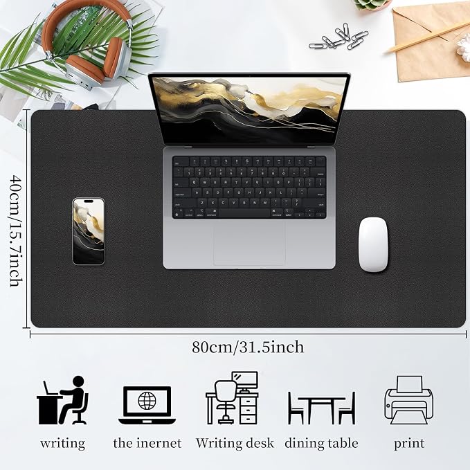 Bloss Black Leather Desk Mat Protector,Laptop Desk Pad,Desk Writing Pad,Leather Mouse Pad,Office Desks Mats,Desk mat for Keyboard and Mouse,Dual-Side Computer Mouse Pads for Office/Home.31.5"x 15.7"