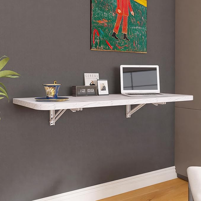 Wall Mounted Folding Table 40"x 16" with Removable Heavy-Duty Brackets Support Up to 200 Pounds Folding Desk for Small Space Home Laundry Room Office Rv Suitable for Solid Wall (White Marble Pattern)
