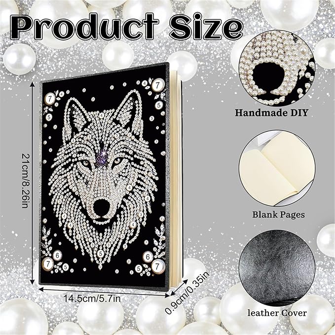 FRANDEK Pearl Painting Notebook Kit, Black and White Wolf A5 DIY Journal with 50 Blank Pages, Diamond Gem Art Cover with Waterproof Canvas, Beginner Craft Set with Full Tools for Adults