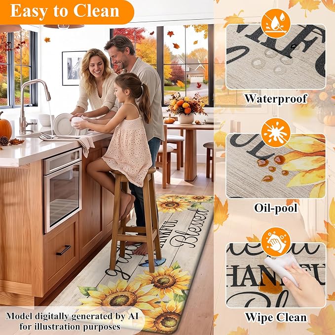 HEBE Fall Kitchen Mat Set of 2, Anti Fatigue Kitchen Mats for Floor | Cushioned Non Slip Autumn Kitchen Rugs and Runner Set, Waterproof Sunflower Floor Carpet for Harvest Thanksgiving