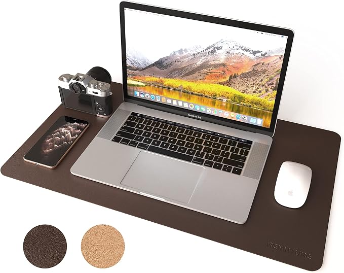 RENMTURE Dual-Sided Mouse Pad, Natural Cork & PU Leather Large Desk Pad for Office and Home Work, Desk Protector Non-Slip, Waterproof, Easy Clean (Dark Coffee, 23.6" x 13.7")