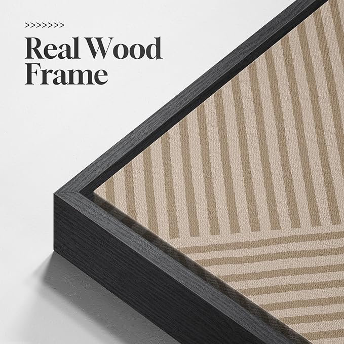 Large Framed Neutral Abstract Wall Art for Living Room, 3 Piece Modern Canvas Prints Paintings, Beige and Deep Blue Minimalist Geometric Pictures for Hallway Dining Bedroom Office Wall Decor 24x36 In
