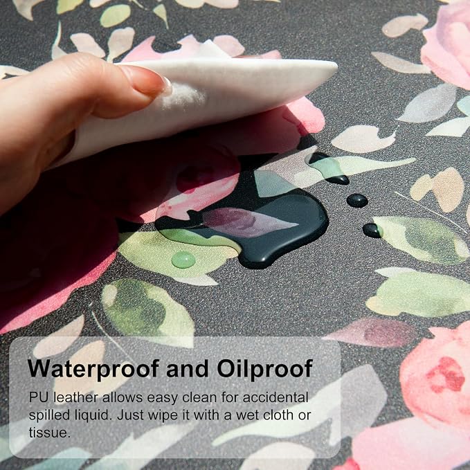QiyI Large Mouse Pad, Floral Desk Mat for Desktop, Women Girls Watercolor Pink Flowers Office Décor Desk Accessories, PU Leather Waterproof Gaming Mousepad, Black Desk Pad Computer Mat, 31.5" x 15.7"