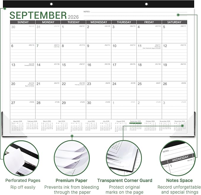 2026-2027 Desk Calendar - Desk Calendar 2026-2027, 17"x12" Desktop Calendar, Jul. 2026 - Dec. 2027, Corner Protectors, Large Ruled Blocks