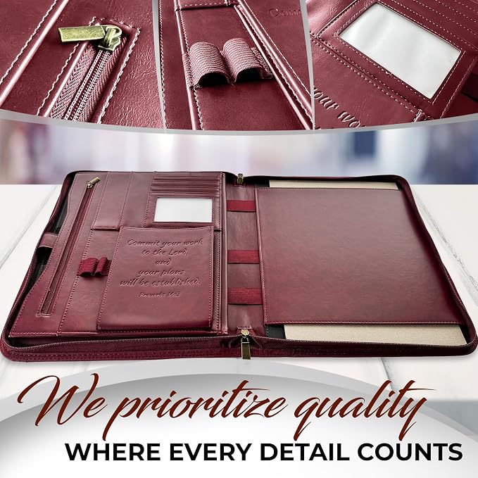 DEHITE Leather Portfolio for Men – Padfolio Case for Men and Women – Cherry Bible Notebook Organizer – Pen Slots – Zipper Binder – Premium PU Leather – Feels Like Full-Grain – Office Gift Accessories