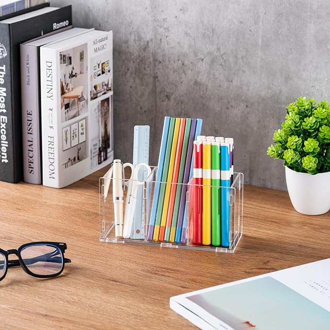 Clear Acrylic Desk Organizer, Premium pencil holder for desk 3 Slot Desktop Pen Holder Caddy for Makeup Organizer for Office, Bedroom, Bathroom & Kitchen (1, CLEAR)