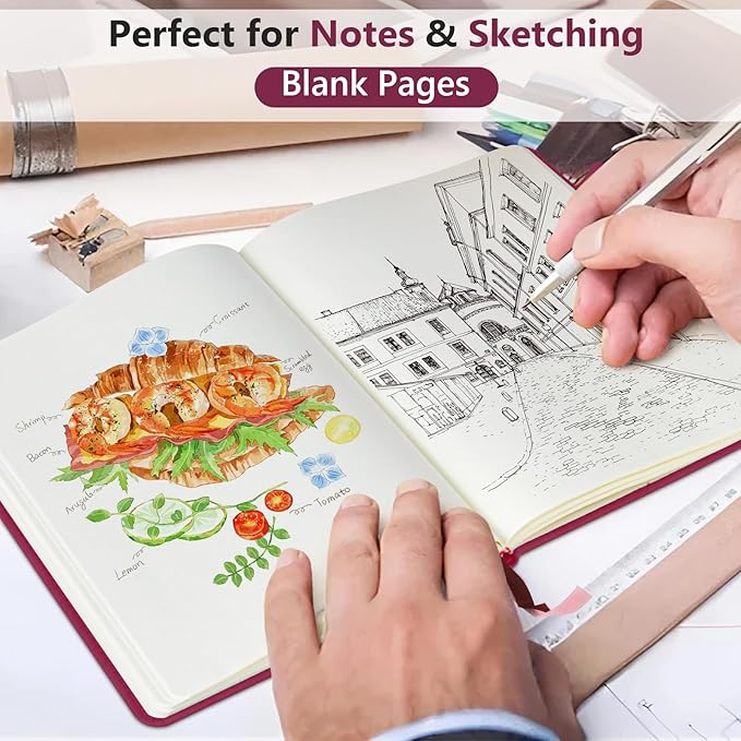 PERCUN Blank Journal Ntebook for Men & Women, 160 Pages Leather Journals for Writing, Drawing Sketch Book,5.9" x 8.5" Hardcover Sketchbook, Unlined Notebooks for Work, School, Art (Burgundy)