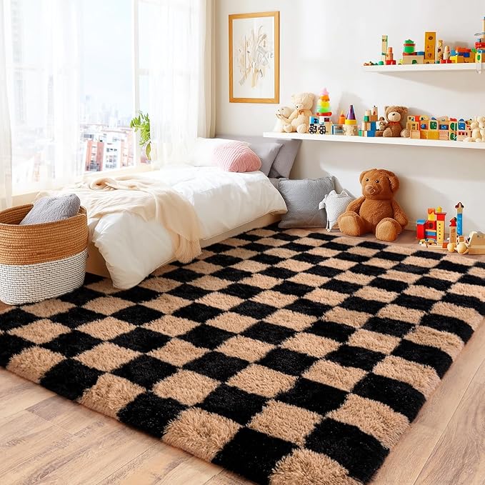 Area Rugs for Living Room Bedroom 8x10, Ultra Fluffy Shag Checkered Rug Modern Washable Carpet Soft Shaggy Non Slip Indoor Plush Fuzzy Rugs for Bedroom Dorm Office Home Aesthetic Decor, Black & Beige
