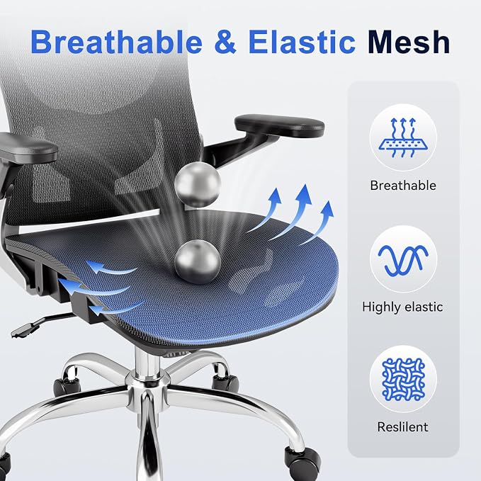 marrap Ergonomic Office Chair, Mesh Desk Chair with 3D Armrests, Adjustable Lumbar Support and Headrest, 90-120° Rocking Function, Black
