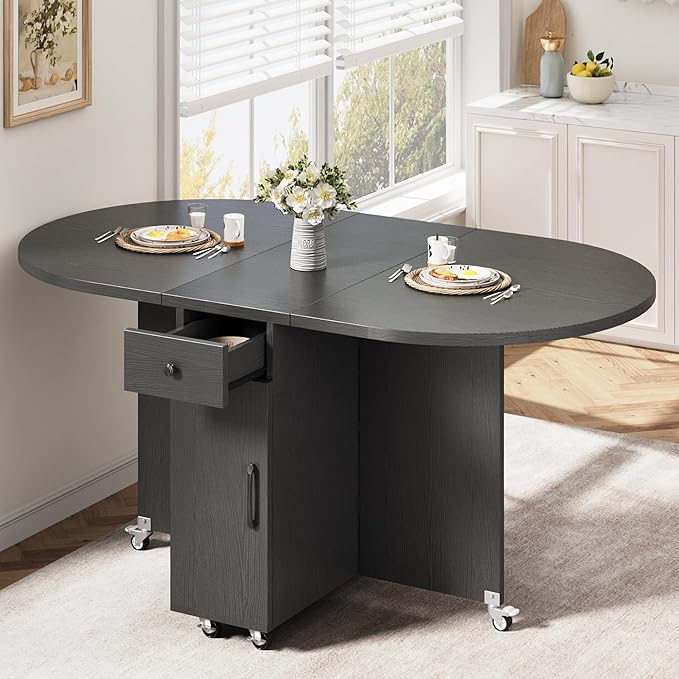 Jocoevol Round Folding Dining Table for 4, Space Saving Drop Leaf Kitchen Table with Storage Drawer, 6 Wheels Oval Gateleg Foldable Dining Table for Small Spaces(Black 47 * 23.6 * 30)