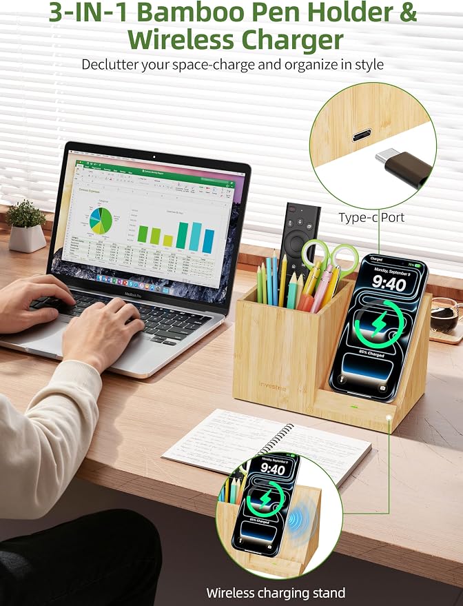 Bamboo Pen Holder for Desk with Wireless Charger, Desktop Organizer & Pencil Holder, Fast Wireless Charging Stand for iPhone, Samsung & More, Multifunctional Pen Organizer for Office, School, Home