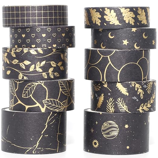 Creative Washi Tape Set 10 Rolls Gold Foil Print Decorative Masking Tapes for Arts, DIY Crafts, Journals, Planners, Scrapbook, Wrapping (Gold Dark)