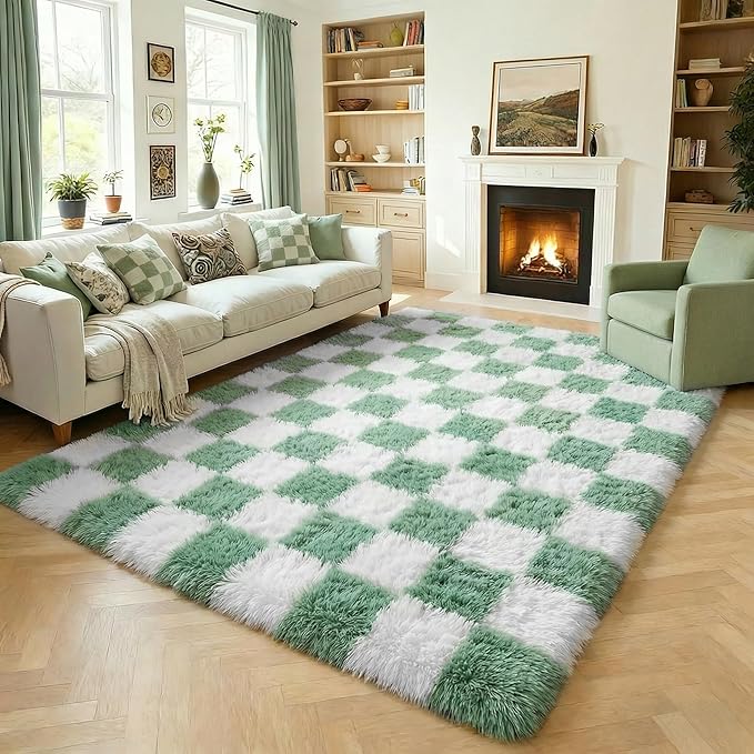 KICMOR Fluffy Sage Green and White Rugs Living Room Carpet, 5x7 Large Fuzzy Checkered Shag Area Rug for Bedroom Aesthetic, Furry Soft Plush Shaggy Rug for Nursery Kids Girls Boys Room Home Decor