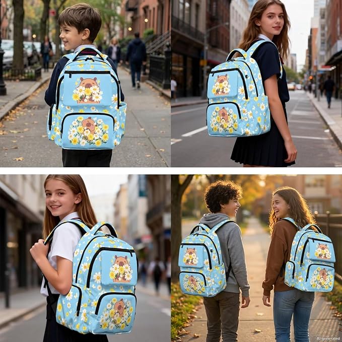 WELLFLYHOM 4 PCS Blue Daisy Floral Capybara Backpack for Girls Ages 8-12 | 4-In-1 School Bag Set with Lunchbox, Pencil Case and Water Bottle Sleeve, Ideal for Middle and High School Girls Daily Carry
